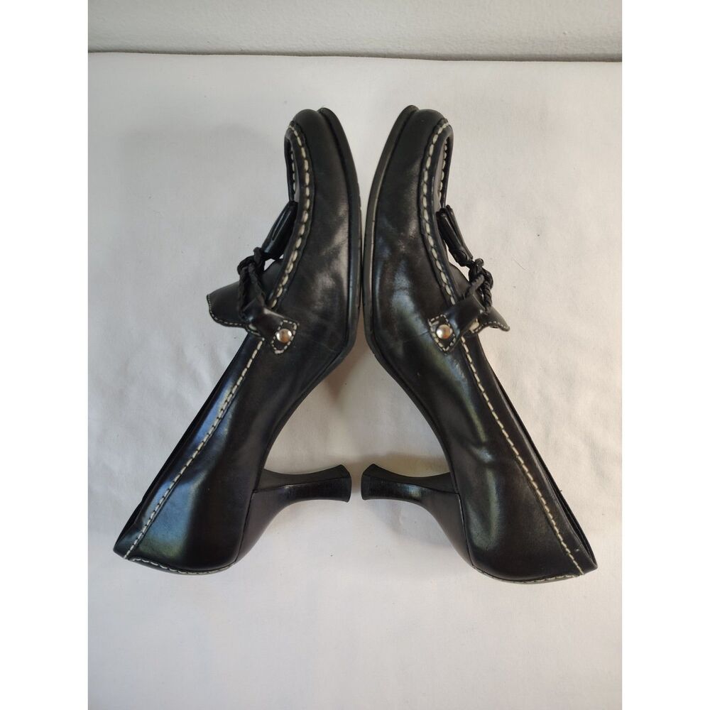 Franco Sarto Black Leather Tassel Loafer Heels Womens 7M Dress Shoes Classic - Picture 5 of 9